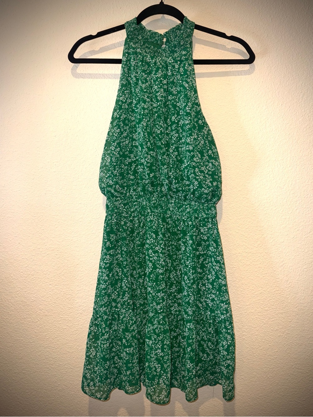 LUSH Clothing Green “Ditsy” Floral Halter Mini Dress